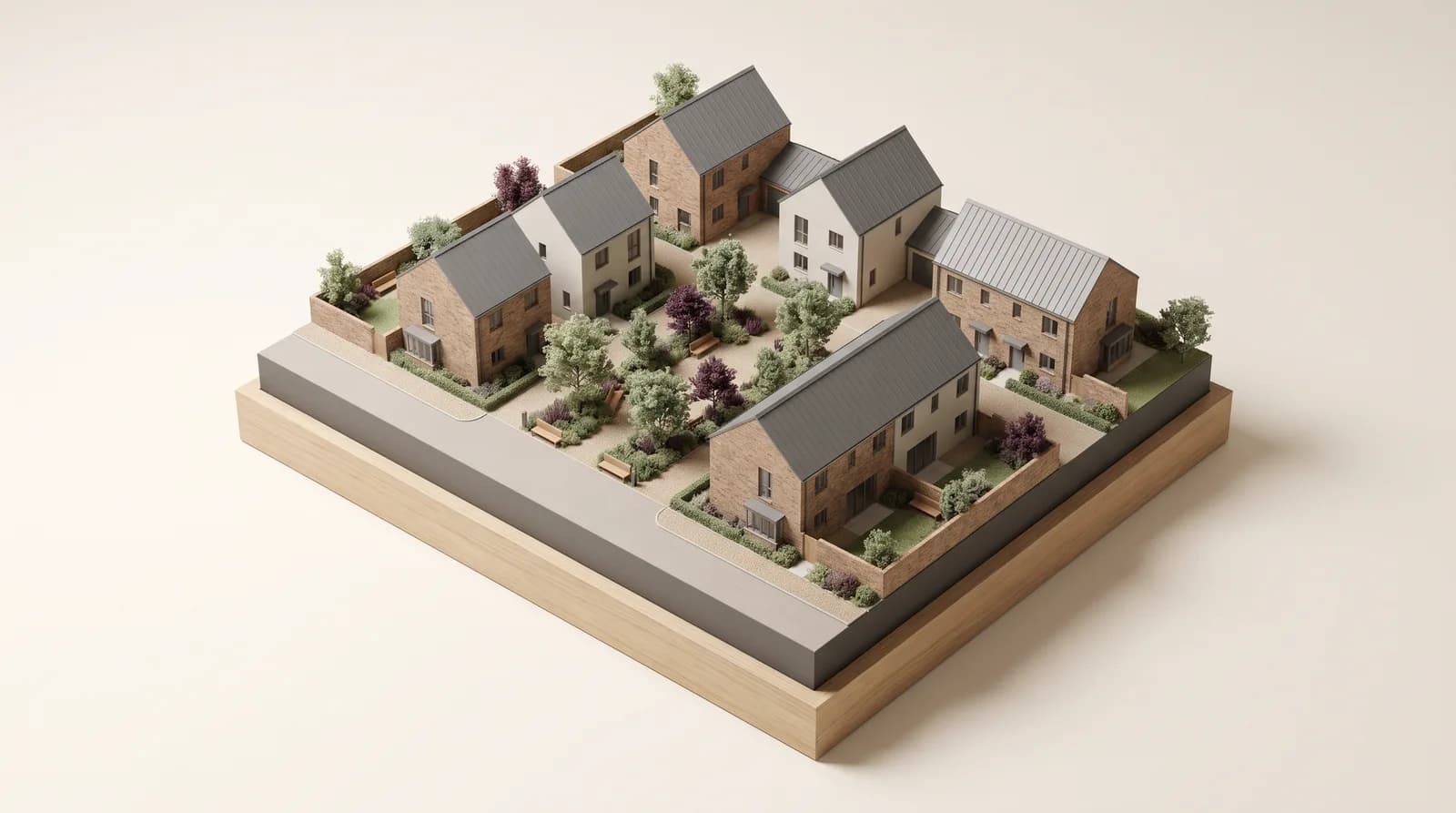 Architectural model of homes around a landscaped courtyard