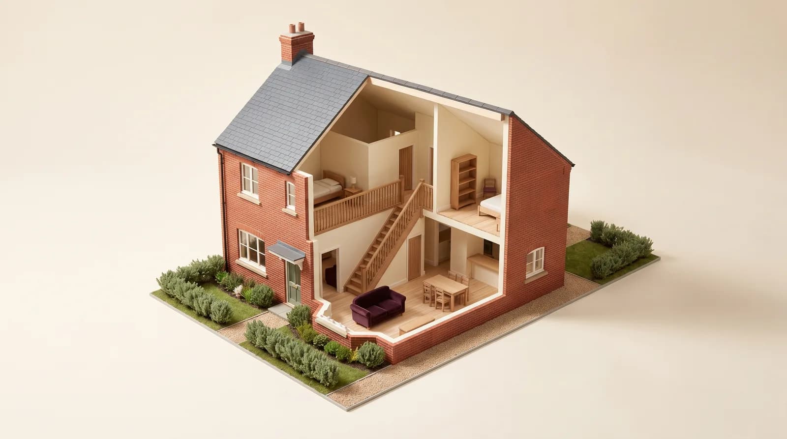 Architectural cutaway of a brick home, revealing oak stairs, furnished rooms and a small garden
