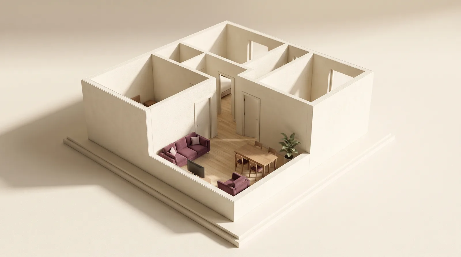 Open architectural model of an apartment with pale walls and a plum-coloured sofa
