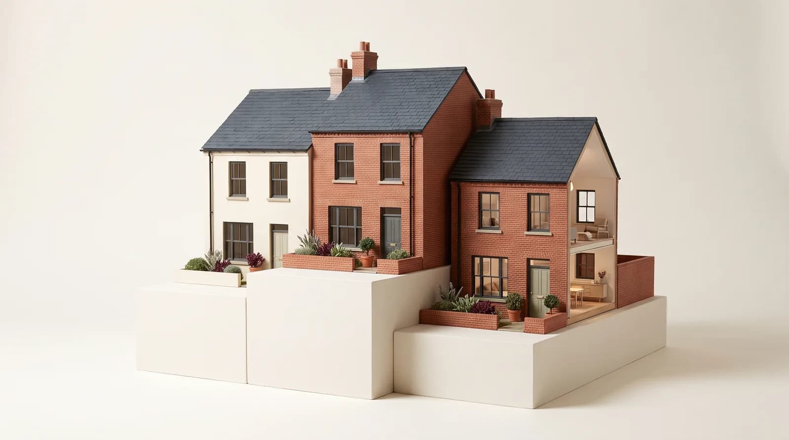 Three miniature townhouses arranged on ivory display plinths