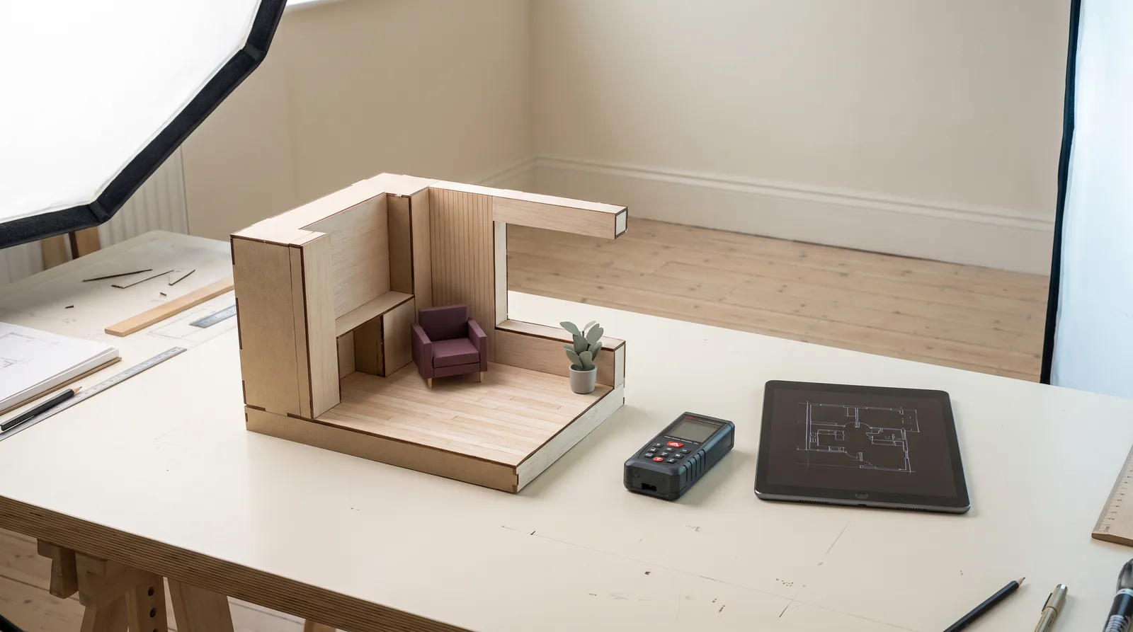 A room model, laser measure and tablet arranged on a survey workbench