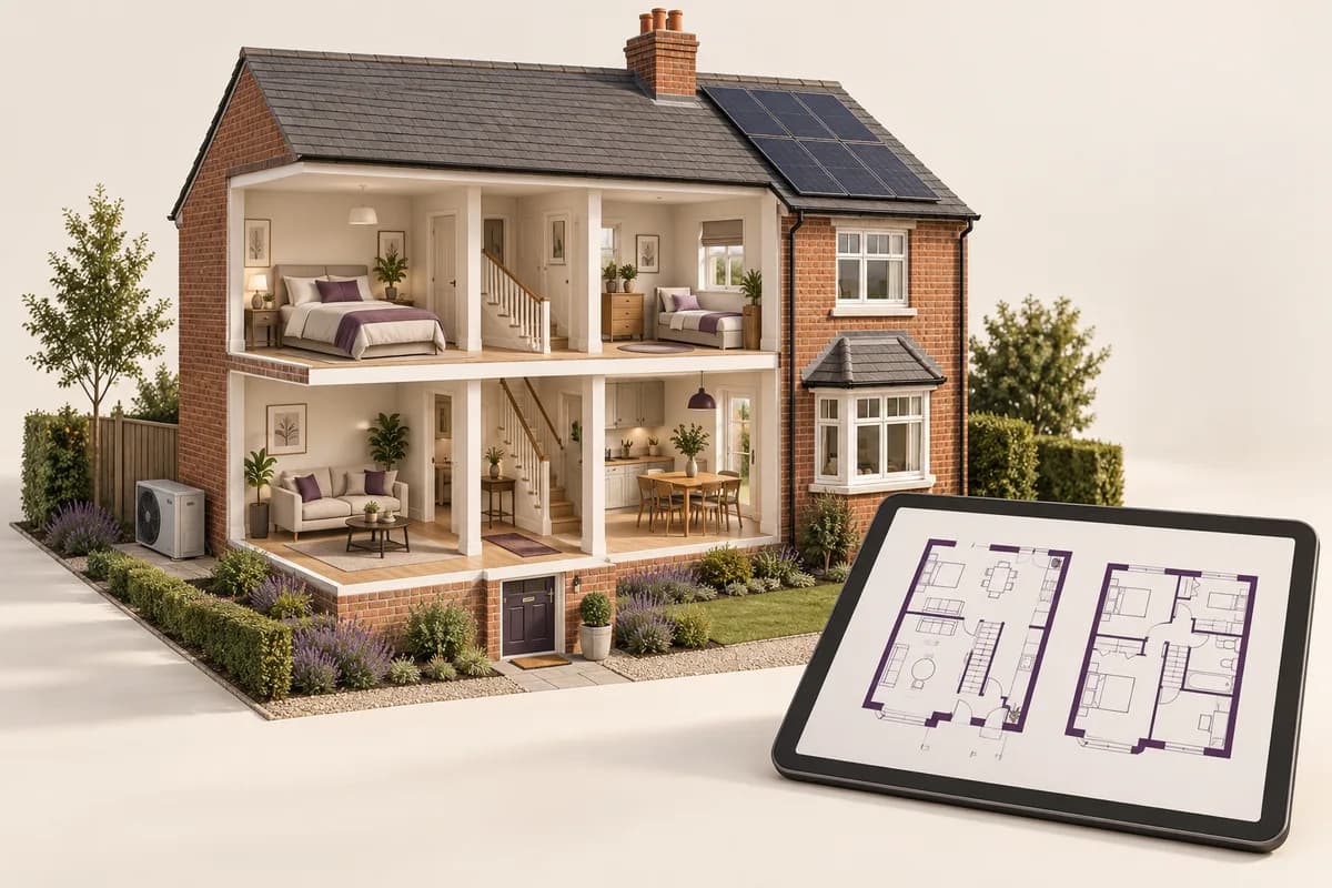 Concept illustration of a cutaway home with floorplans, solar panels and a heat pump