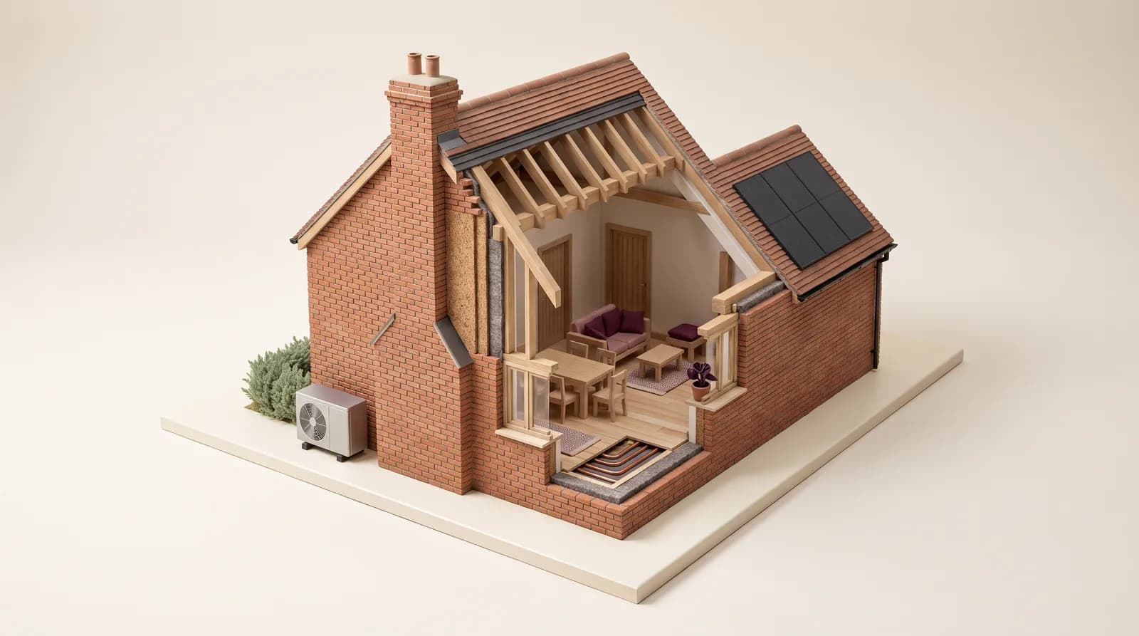 Sectional house model illustrating insulation, a heat pump and solar panels